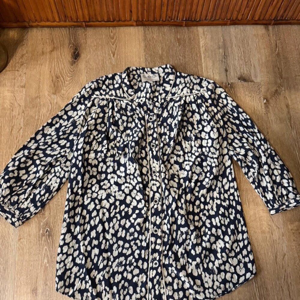 Sea New York Navy White Silk Cotton Blend Floral Blouse Size 0
